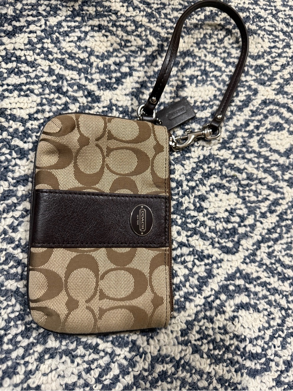 Coach Brown Signature Canvas Wristlet with Dark Brown Leather Strap